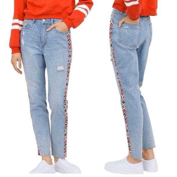 H&M Embroidered Mom Jeans Womens 10 Aztec Boho Southwestern Retro Cowgirl Casual - Picture 1 of 11